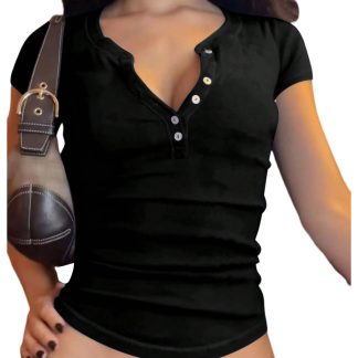 Hot Girl Henley Neck Slim-Fit Short Sleeve Top