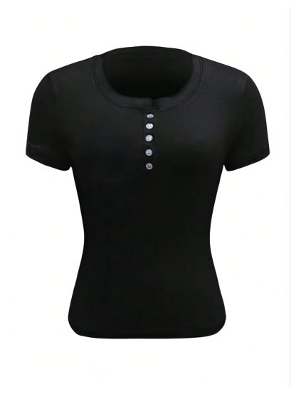 Hot Girl Henley Neck Slim-Fit Short Sleeve Top - Image 2