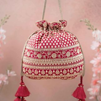 Red and gold embroidered tassel drawstring bag