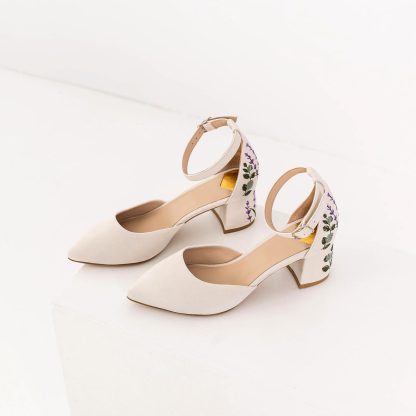 South of France lavender embroidered block-heeled sandals