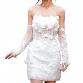 White 3D Flower Tulle Sleeve Mini Dress