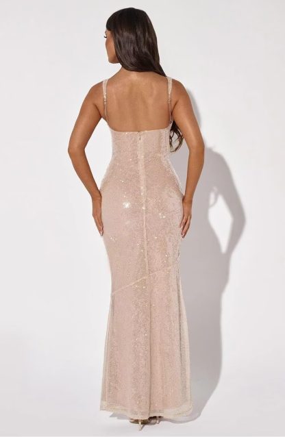 Nude pink sequined square neck fishtail maxi dress - Image 2