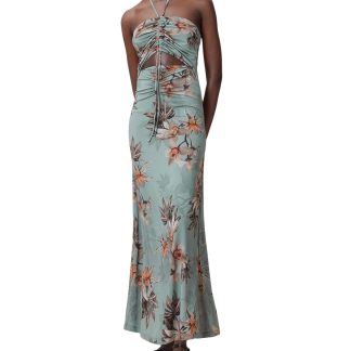 Mint Green Floral Print Halter Neck Drawstring Maxi Dress