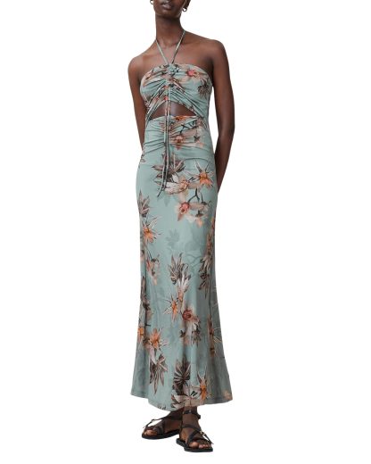 Mint Green Floral Print Halter Neck Drawstring Maxi Dress