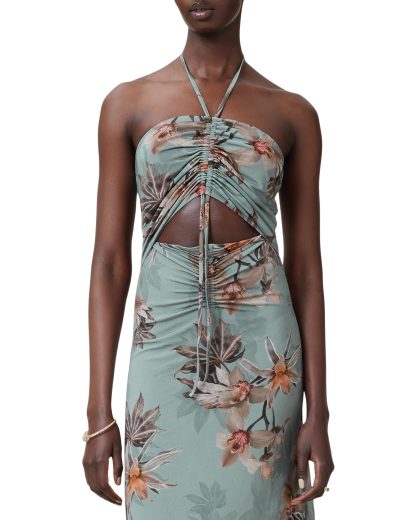 Mint Green Floral Print Halter Neck Drawstring Maxi Dress - Image 3