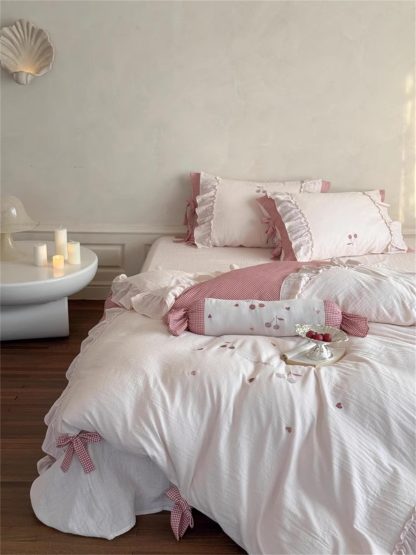 French girl pink plaid bow bedding four-piece set - Image 9