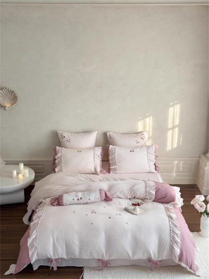 French girl pink plaid bow bedding four-piece set - Image 8