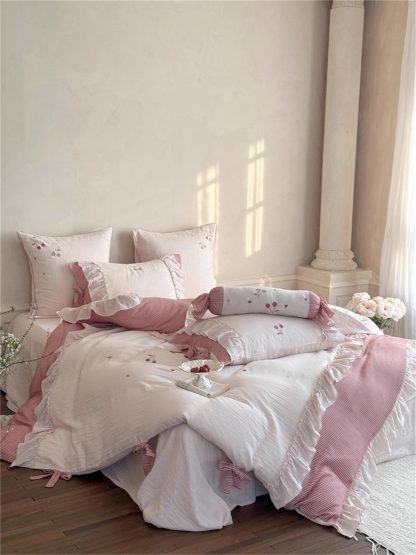 French girl pink plaid bow bedding four-piece set - Image 5