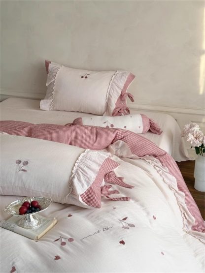 French girl pink plaid bow bedding four-piece set - Image 4