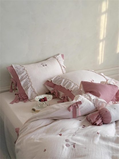 French girl pink plaid bow bedding four-piece set - Image 3