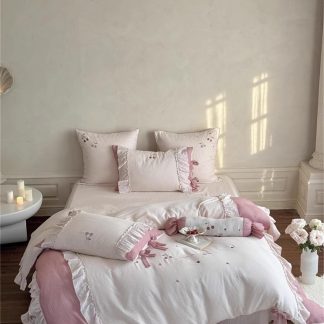French girl pink plaid bow bedding four-piece set