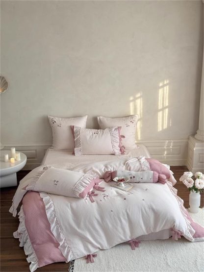 French girl pink plaid bow bedding four-piece set