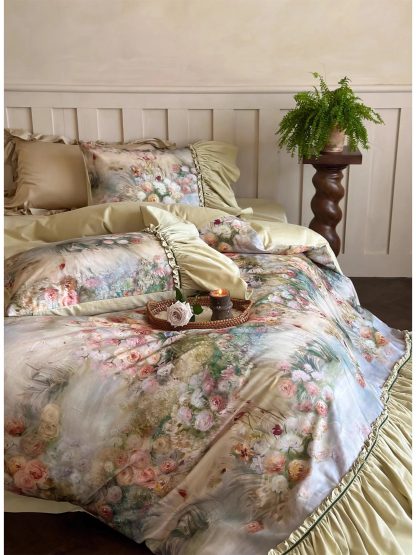 Palace Oil Painting Floral Satin Bedding Set - Image 7