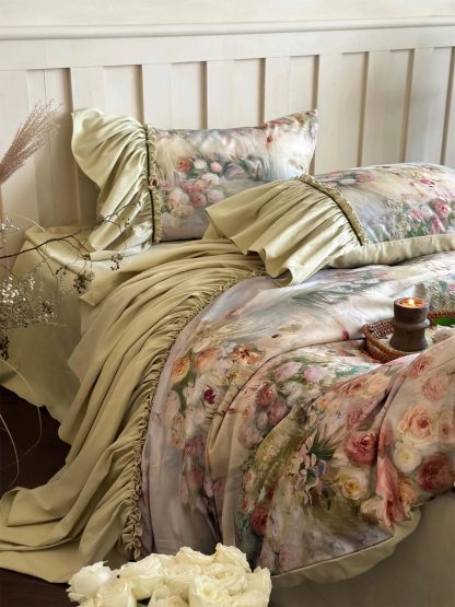 Palace Oil Painting Floral Satin Bedding Set - Image 6