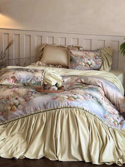 Palace Oil Painting Floral Satin Bedding Set - Image 3
