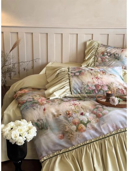 Palace Oil Painting Floral Satin Bedding Set - Image 2
