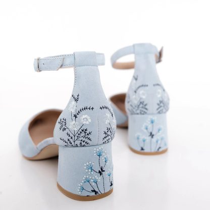 Fresh light blue embroidered square toe thick-heeled sandals - Image 6