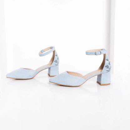 Fresh light blue embroidered square toe thick-heeled sandals - Image 2