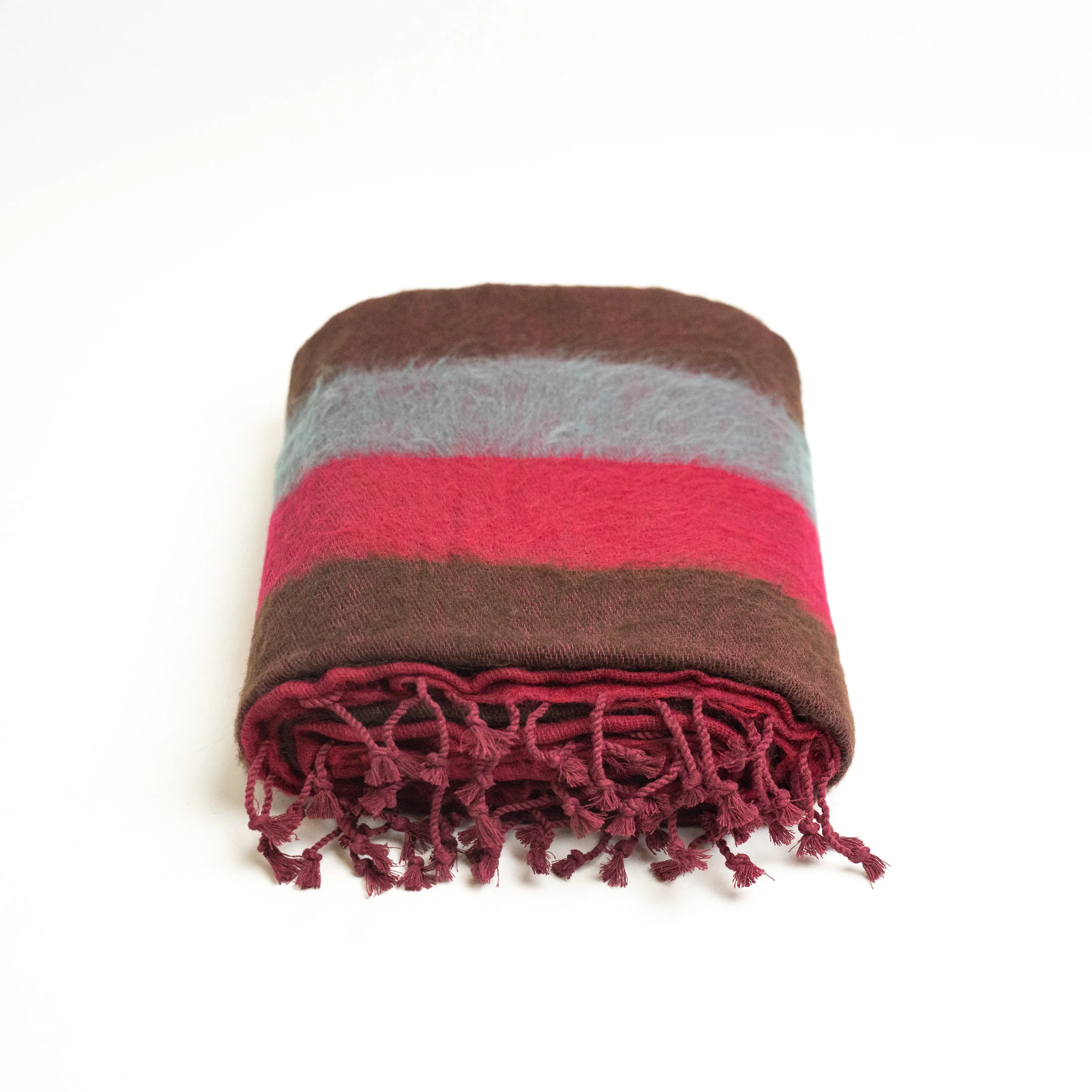 Contrast striped fringed wool-blend throw blanket