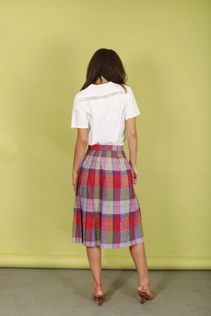 Retro contrast plaid high waist flared midi skirt - Image 9