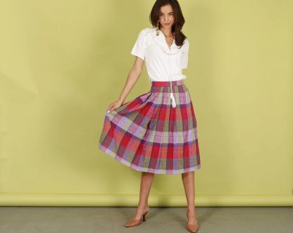 Retro contrast plaid high waist flared midi skirt - Image 8
