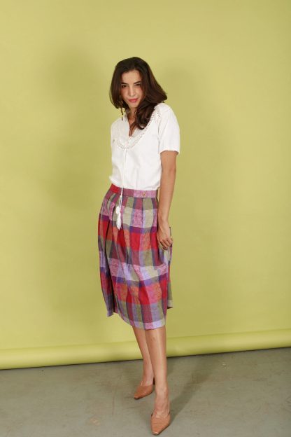 Retro contrast plaid high waist flared midi skirt - Image 5