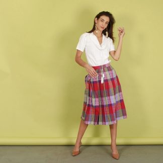 Retro contrast plaid high waist flared midi skirt