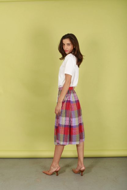 Retro contrast plaid high waist flared midi skirt - Image 3