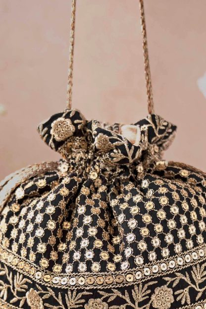 Black and gold embroidered tassel drawstring bag - Image 3