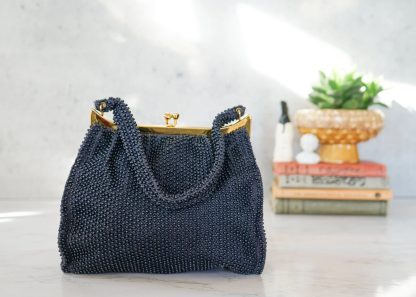 Vintage dark blue handmade beaded handbag - Image 5