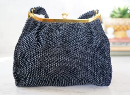 Vintage dark blue handmade beaded handbag