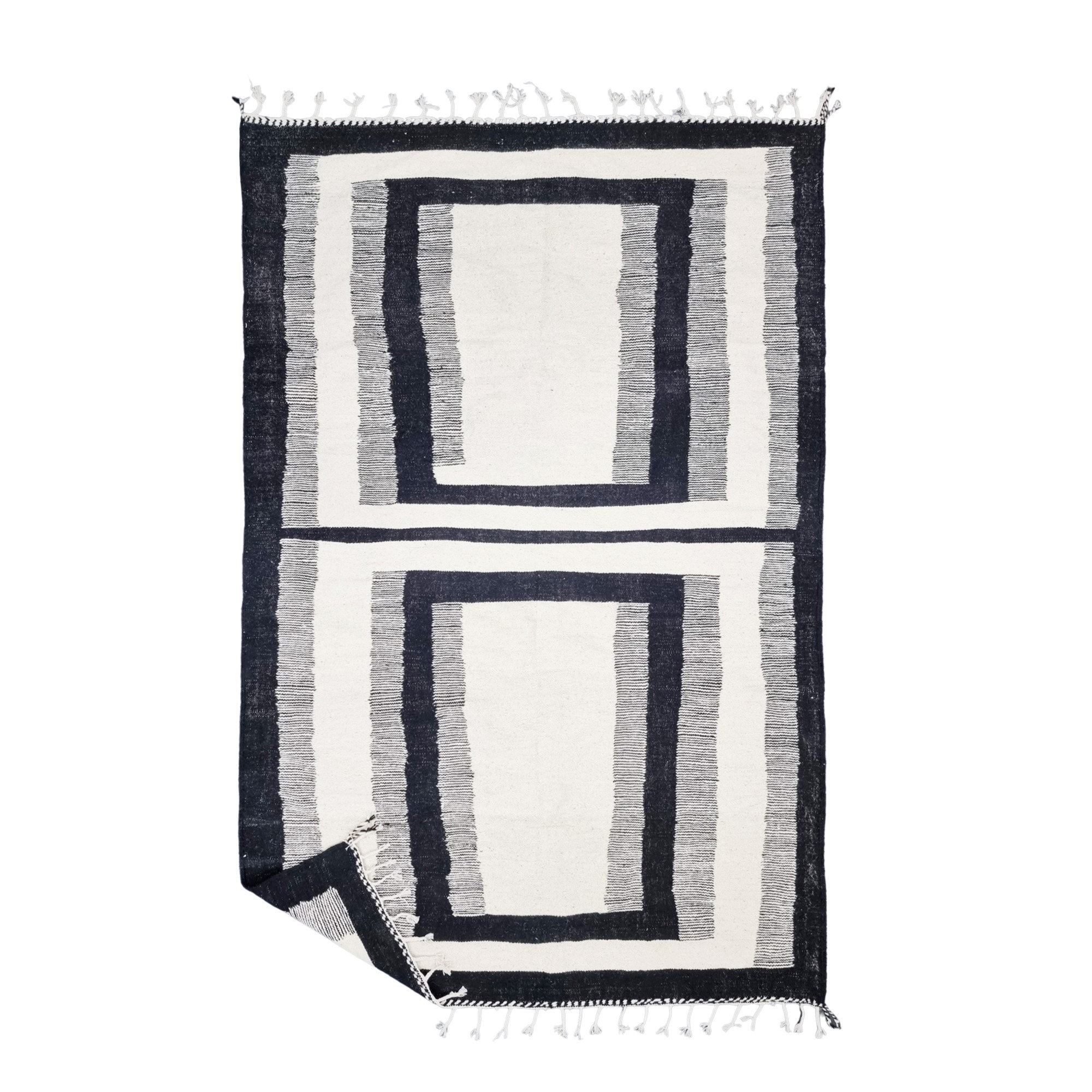 Handmade black and white geometric tassel rug - Image 11