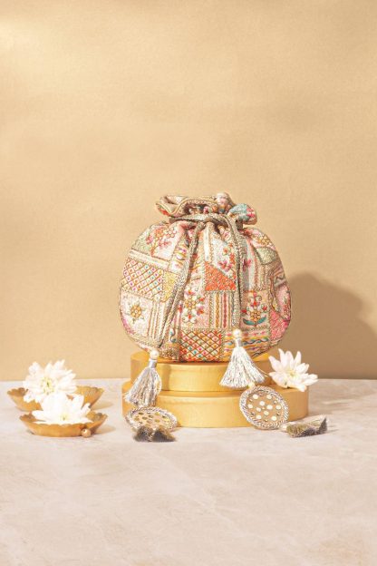 Vintage patchwork embroidered drawstring bag