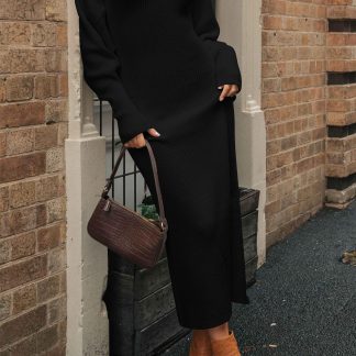 Black off-the-shoulder knit dress