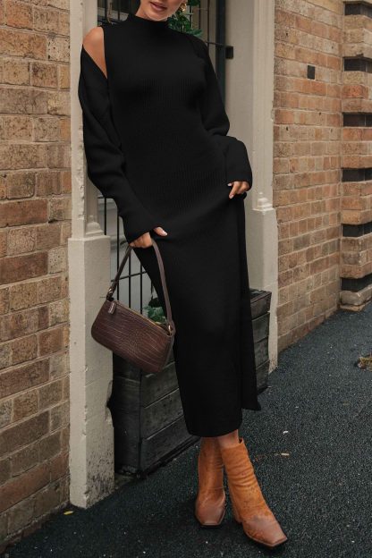 Black off-the-shoulder knit dress