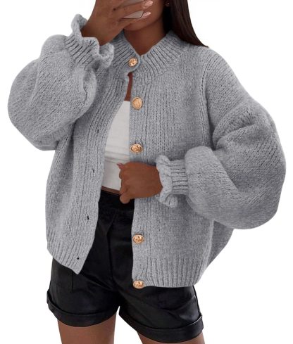 Grey Chunky Knit Balloon Sleeve Cardigan - Image 5