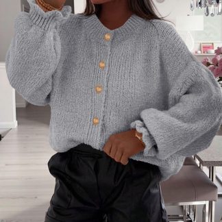 Grey Chunky Knit Balloon Sleeve Cardigan