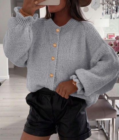 Grey Chunky Knit Balloon Sleeve Cardigan
