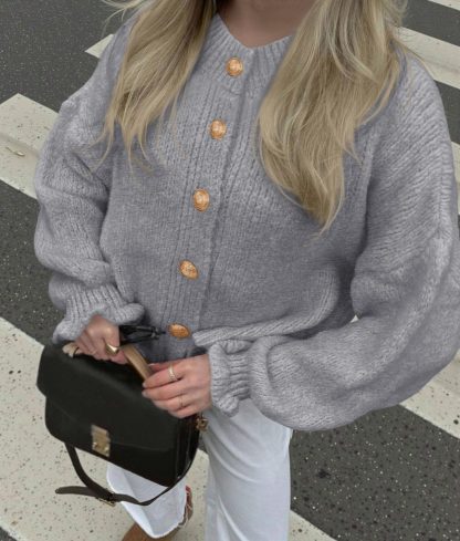 Grey Chunky Knit Balloon Sleeve Cardigan - Image 3