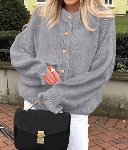 Grey Chunky Knit Balloon Sleeve Cardigan - Image 2