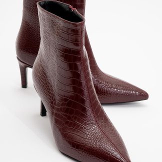 crocodile print pointed toe stiletto ankle boots