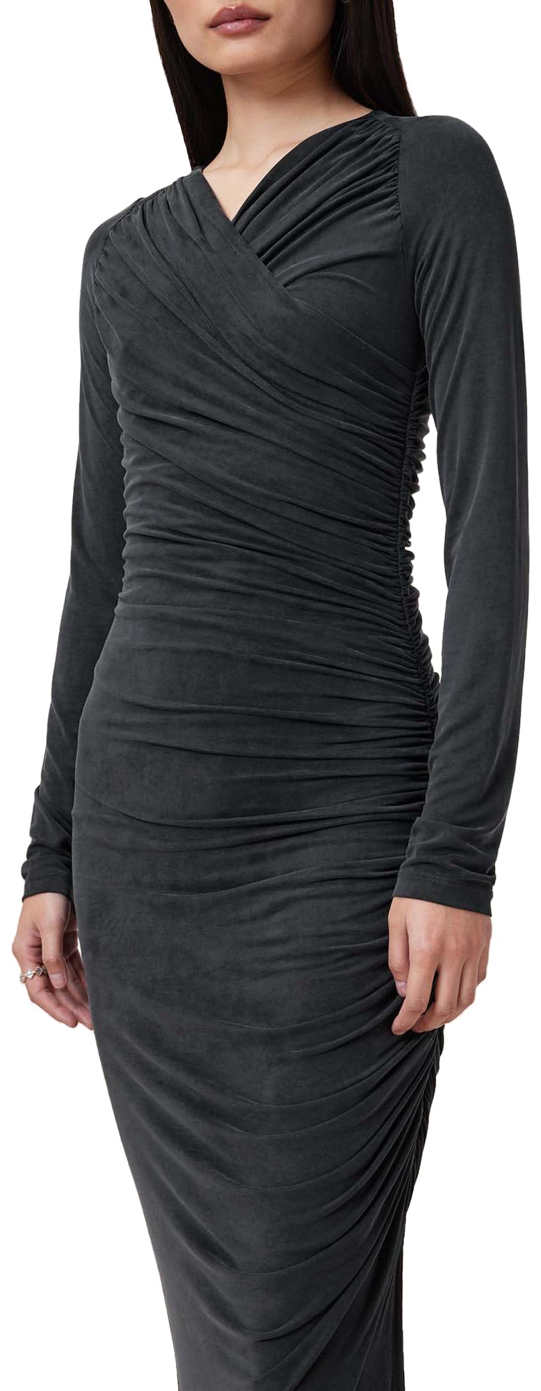 Dark grey cross-neck pleated fitted dress - Image 8