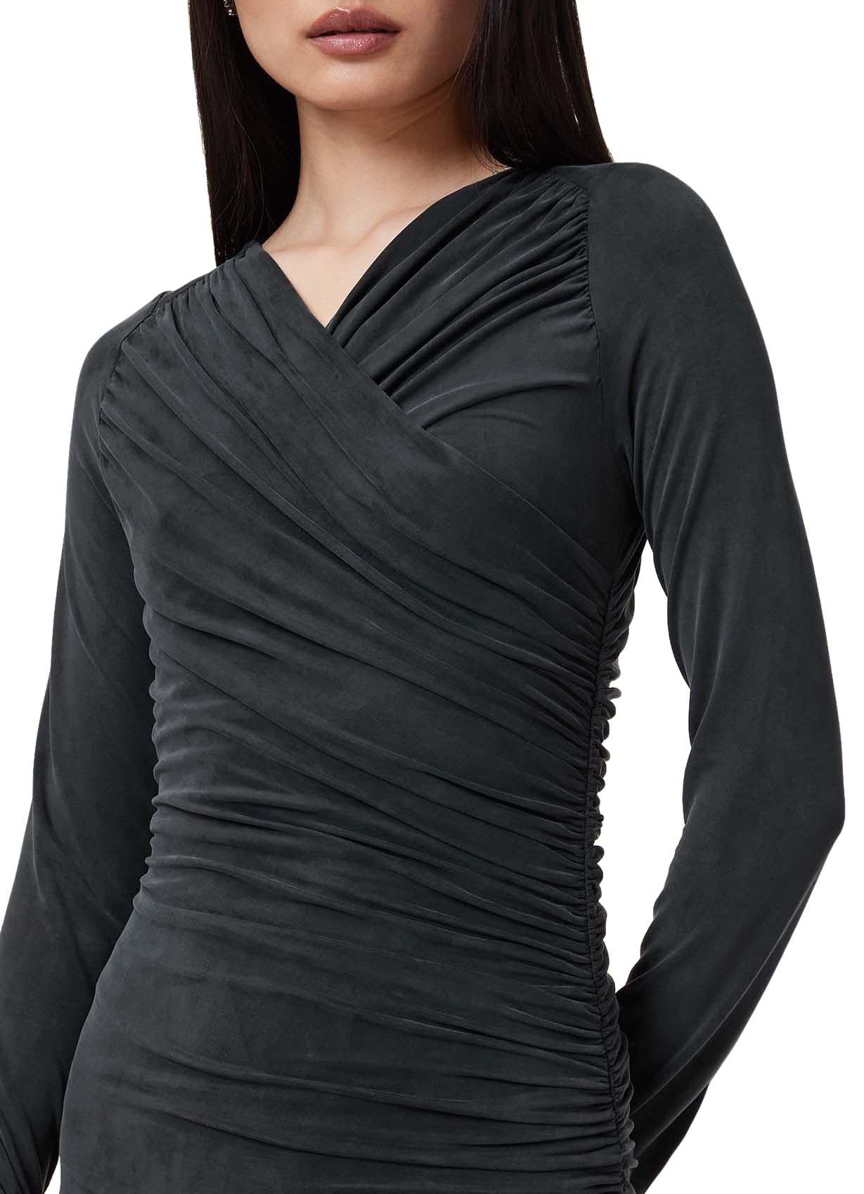 Dark grey cross-neck pleated fitted dress - Image 7