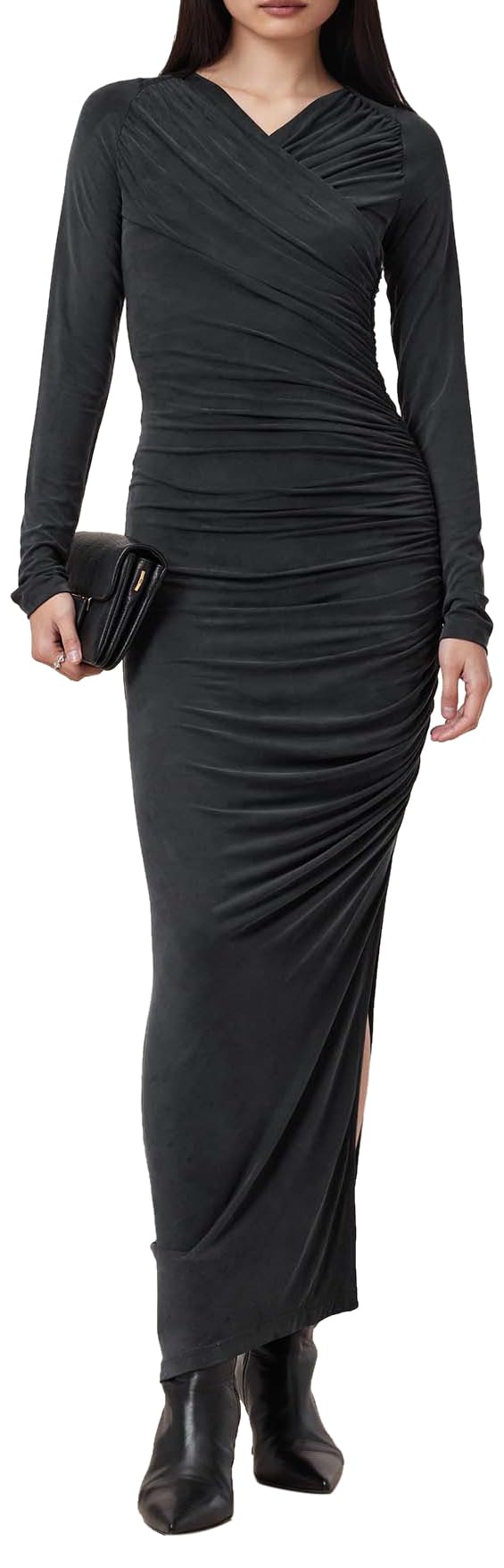Dark grey cross-neck pleated fitted dress