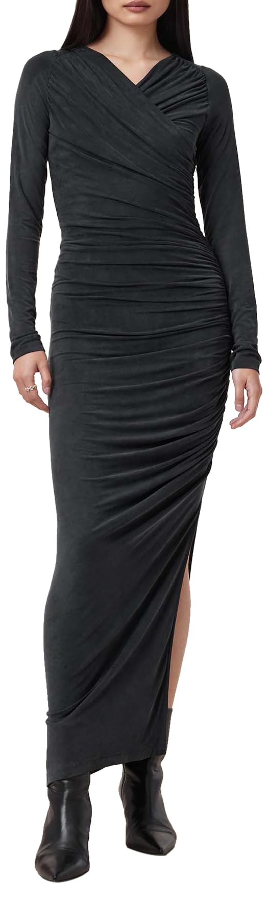 Dark grey cross-neck pleated fitted dress - Image 5