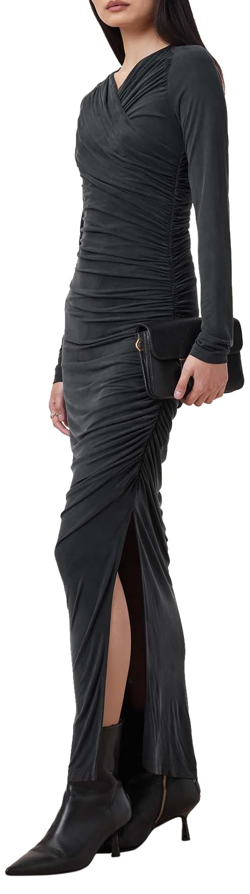Dark grey cross-neck pleated fitted dress - Image 3