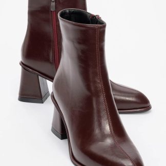 Burgundy square toe chunky heel ankle boots