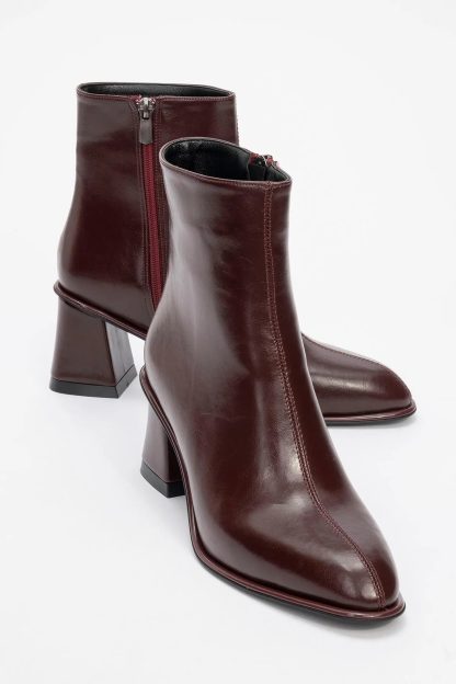 Burgundy square toe chunky heel ankle boots