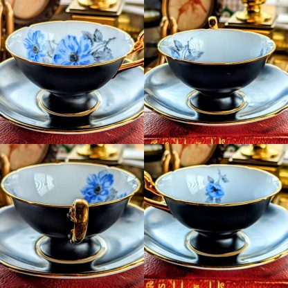 Black-glazed blue-flowered gilt cup and saucer set - Image 3