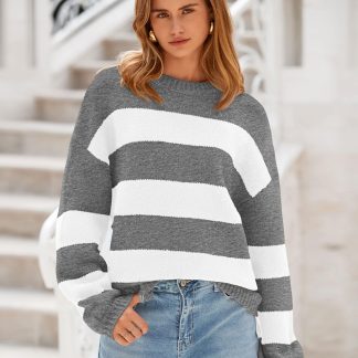 Gray and white striped lantern sleeve sweater